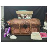 Map-Themed Wooden Storage Chest With Assorted Handbags and Shoes