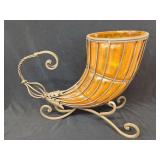 Amber Glass Cornucopia with Wrought Iron Stand