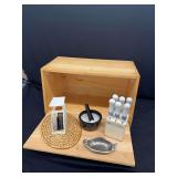 Wooden Bread Box with Kitchen Scale, Mortar and Pestle, and Knife Set