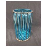 Blue Ribbed Glass Insert Metal Wire Cage Cylinder Vase