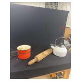 Kitchenware Assortment Including Tea Kettle, Rolling Pin, and Enamel Saucepans