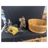 Mixed Grouping Including Wooden Splint Basket, Resin Elephant Figurine, General Electric Hand Mixer, and Bathroom Accessories