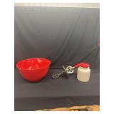 Kitchenware Assortment Including Enamelware Bowl Hand Mixer and Stoneware Jar