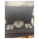 Clear Pressed Glass Punch Bowl and Eight Cups Set with Starburst Motifs