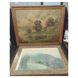 Two Framed Landscape Prints Featuring Cabins