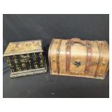 Two Decorative Wood Storage Boxes with Hardware and Text Accents