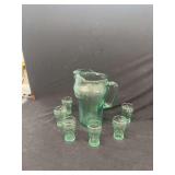 Green Glass Coca-Cola Pitcher and Six Glass Set
