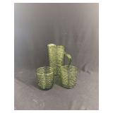 Green Glass Bark Texture Pitcher and Two Tumblers