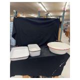 Enamelware Kitchen Vessels Including Rectangular Pans and Basin