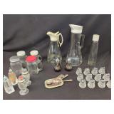 Kitchen Glassware and Salt and Pepper Shakers with Silver Plated Tray and Spoons