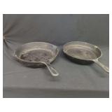 Two Cast Iron Skillets with Dual Pour Spouts and Integrated Handles