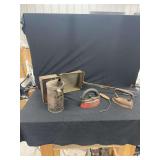Mixed Group of Metal Utensils, Household Irons, and Smoker