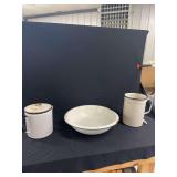 Three-Piece White Enamelware Set Comprising Pitcher, Basin, and Lidded Container
