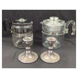 Gorham Silverplated Candlesticks and Glass Coffee Pots Set
