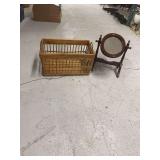 Wooden Tabletop Swivel Mirror and Rectangular Wicker Basket