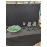 Green Glass Stemware And Pressed Glass Bowls