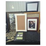 Assorted Home Decor Including Framed Mirrors, Picture Frames, Cork Board, Metal Tree Sculpture, and Mat