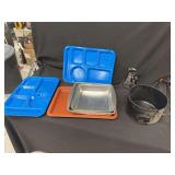 Kitchenware Assortment Including Blue Speckled Trays Metal Baking Pans Glass Coffee Carafe and Enamel Pot