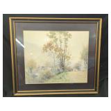 Framed Watercolor Landscape Painting with Architectural Elements