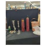 Home Decor Assortment Including Vases, Candlesticks, and Decorative Bucket