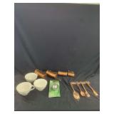 Kitchenware Assortment Featuring Copper Plated Measuring Cups, Spoons, Teacups, and Stainless Steel Tea Ball