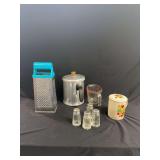 Kitchenware Assortment Including Aluminum Coffee Percolator Grater Salt and Pepper Shakers