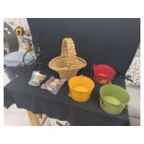 Seasonal Decor Set Including Metal Buckets, Woven Basket, and Metal Figures