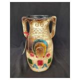 Ceramic Two-Handled Vase with Painted Symbol Motifs and Original Tag