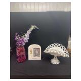 White Milk Glass Footed Open Lace Bowl, Mother Memorial Picture Frame, and Magenta Glass Vase