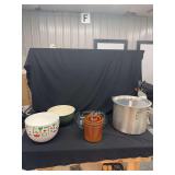 Kitchenware Grouping Including Vegetable Pattern Enamelware Bowl, Green Bowl, Glazed Ceramic Crock with Wire Bail, Glass Baking Dish, and Large Aluminum Stock Pot