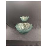 Turquoise Glass Sunflower Pattern Chip and Dip Serving Set with Metal Bracket