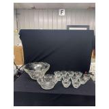 Clear Pressed Glass Punch Bowl Set with Grape and Leaf Motif
