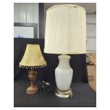 Two Table Lamps Including White Glass Urn Style Lamp and Faux Bronze Miniature Lamp with Beaded Shade