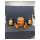 Carved Wooden Barrel Dispenser Set with Cups and Thermal Carafes