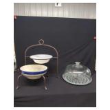 Two-Tier Metal Stand with Ceramic Bowls and Glass Cake Stand with Dome