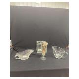 Clear Glass Tableware and Decor Set Including Gravy Boat, Footed Glass with Pebbles, Pitcher, and Glass Block