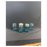 Four Blue Glass Ball Perfect Mason Jars with Metal Lids