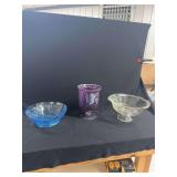 Glass Vessels Comprising Blue Molded Bowl, Purple Mosaic Footed Vase, and Yellow Etched Footed Bowl