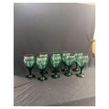 Set of Eight Green Glass Stemware with Metallic Gold Rims