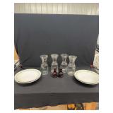 Gibson Dinnerware Bowls, Clear Glass Carafes, and Avon Ruby Red Salt and Pepper Shakers