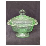 Green Uranium Glass Pedestal Covered Candy Dish with Loop Finial