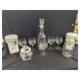 Glass Decanter, Cut Stemware, Ceramic Gevalia Canisters, and Glass Storage Jars