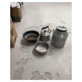Metal Milk Can, Tea Kettle, Enamelware Basin, and Aluminum Pot