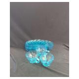 Turquoise Pressed Glass Shell Pattern Snack Set