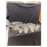 Clear Pressed Glass Punch Bowl Set with Floral Motif