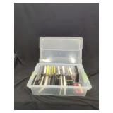 Audio Cassette Tapes in Plastic Storage Bin