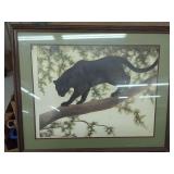 Framed Wildlife Art Print Depicting Panther on Tree Branch