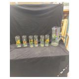 Glass Pitcher and Six Tumbler Set with Butterfly and Floral Enamel Motifs