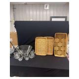Glass Punch Bowl Set with Matching Cups and Three Woven Baskets