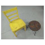 Yellow Painted Wooden Chair and Upholstered Metal Stool